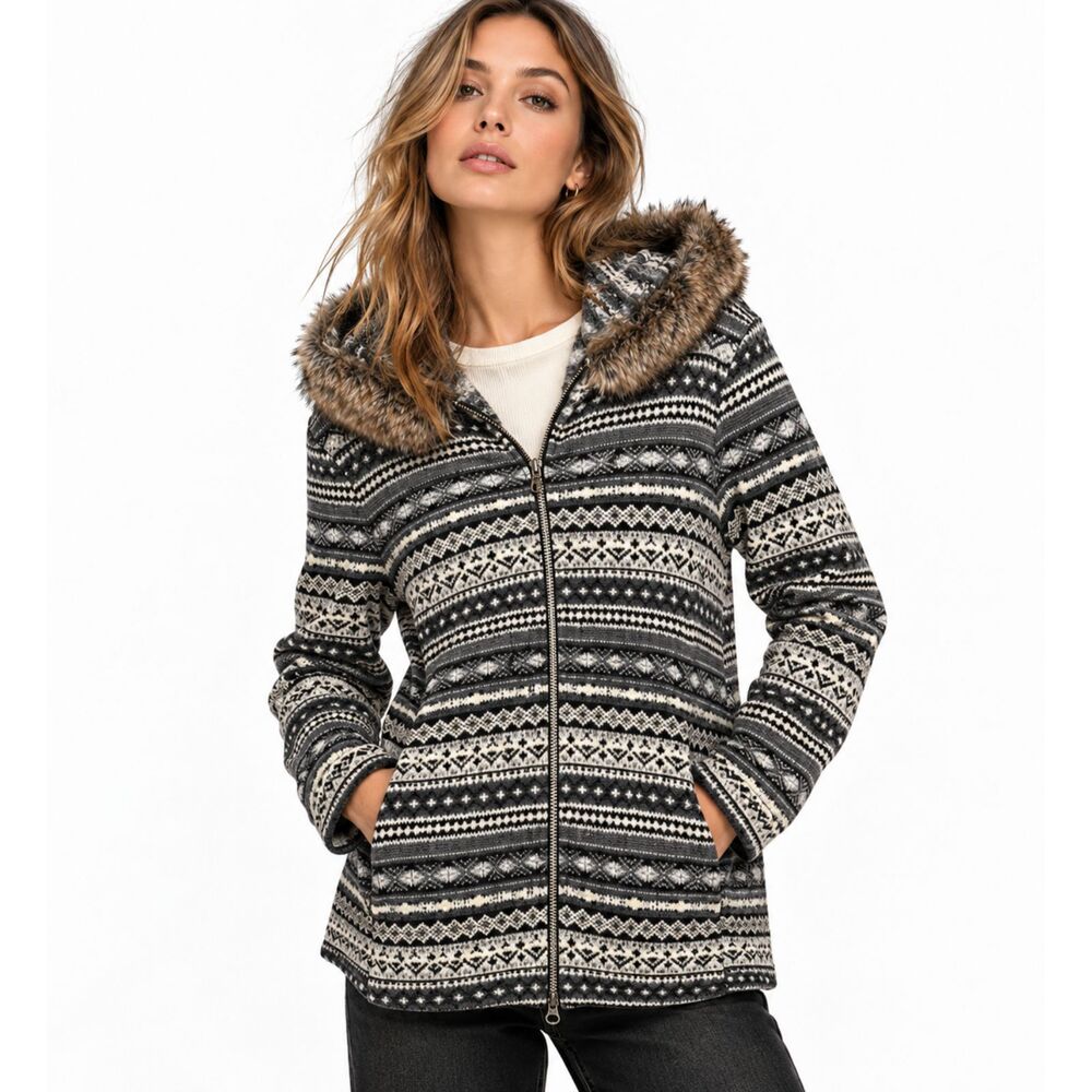Athleta Womens Fair Isle Sweater Coat Large Black White Faux Fur Hood Zip Nordic